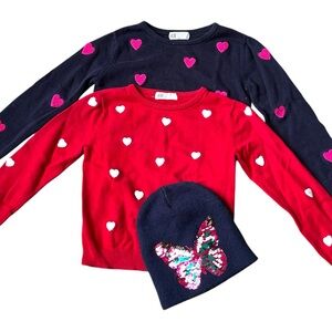 Lot of 3 H&M Toddler Girls' Heart Embroidered Pullovers Sequin Beanie, Size 4-6